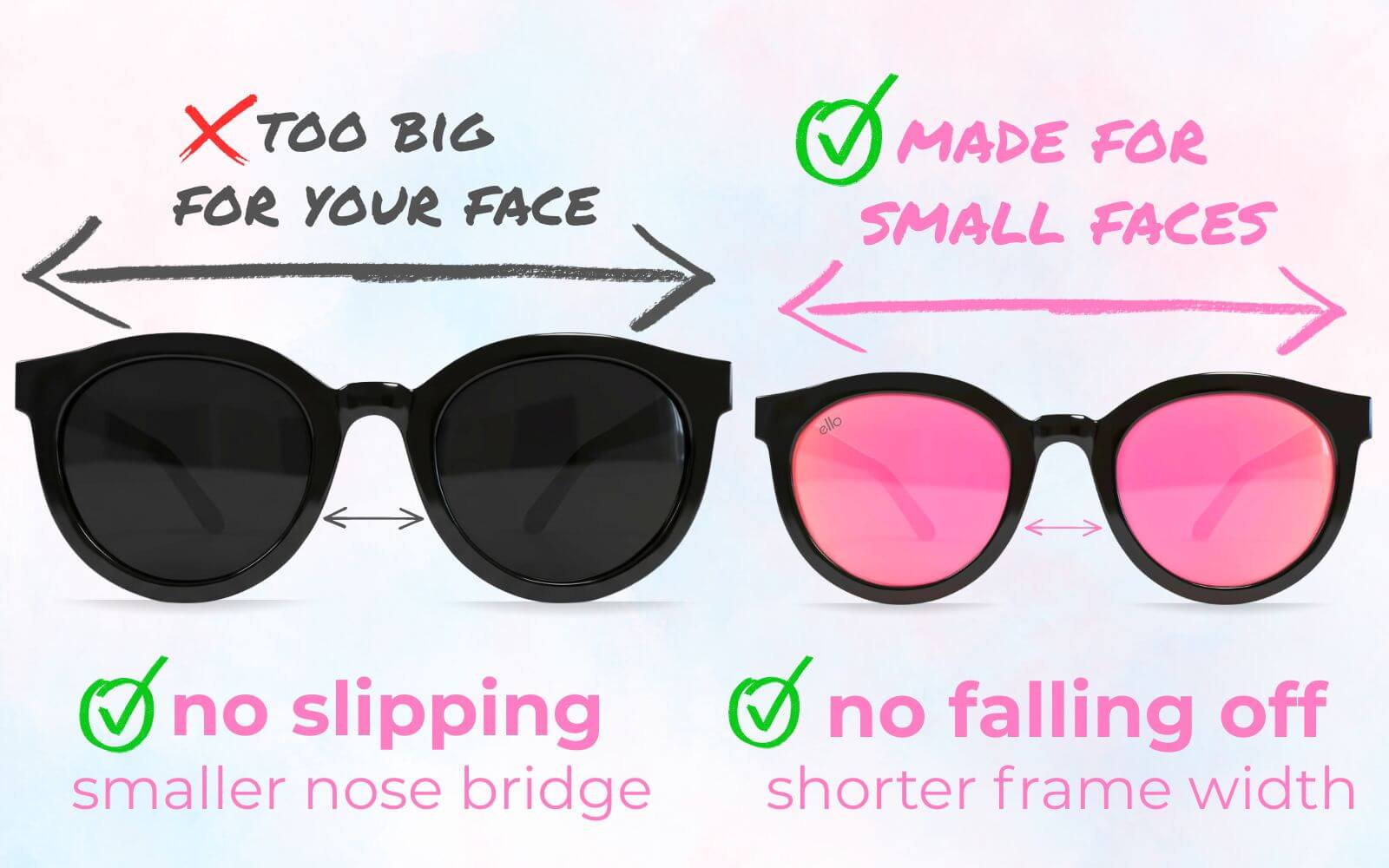 Comparison of small sunglasses for small faces showing round frames that are too big versus properly fitted frames with shorter width and smaller bridge for no slipping on a petite small head