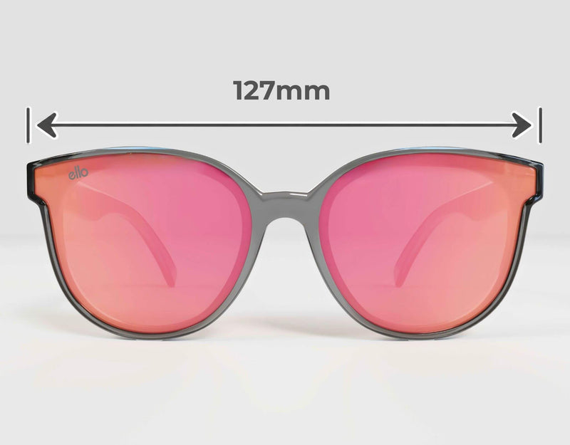 Front-facing view of ello South Beach sunglasses with pink mirrored lenses and measurement arrows showing the 127 mm overall frame width for petite faces.