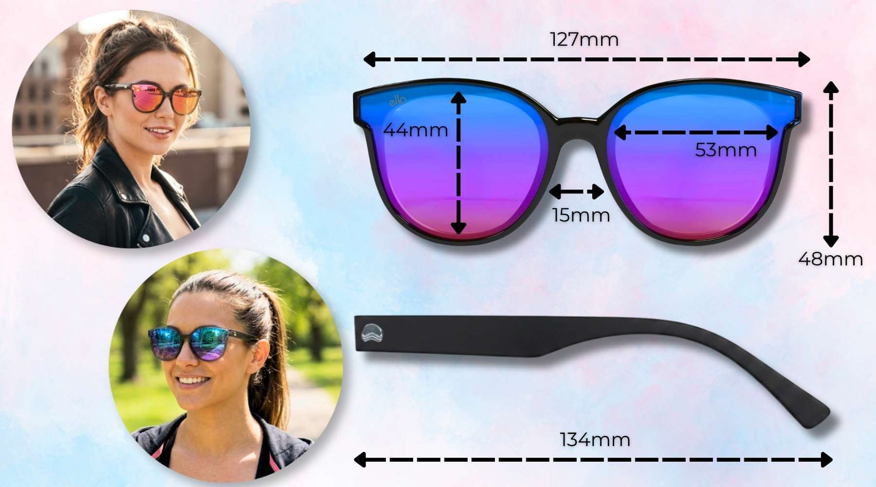 South Beach shades for small faces size guide showing frame width, lens width, lens height, bridge width, temple length, and photos of the sunglasses on petite faces.
