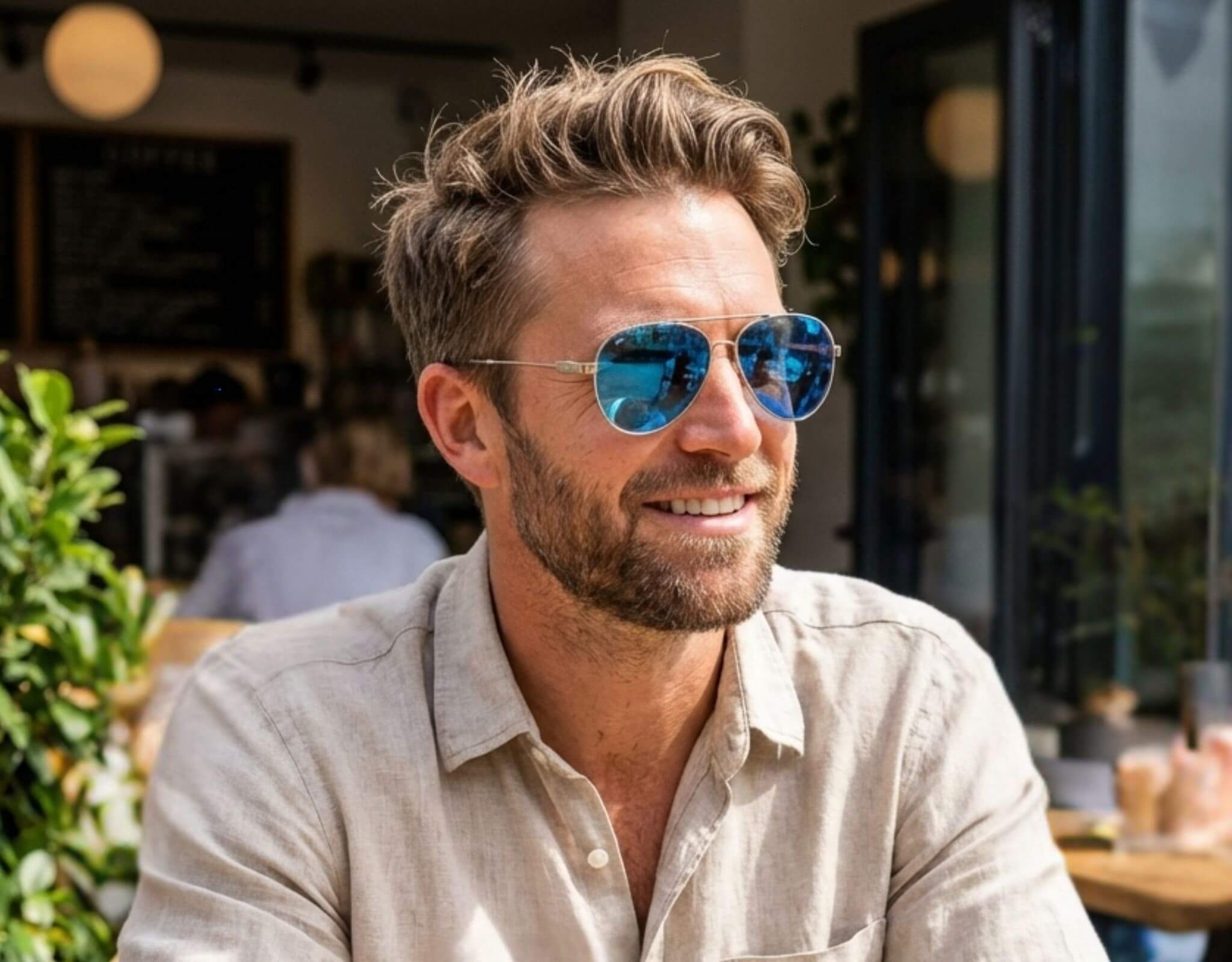 Sunglasses for petite faces worn by man with small head relaxing at an outdoor cafe, featuring lightweight metal aviator ello sunglasses in a bright daytime setting