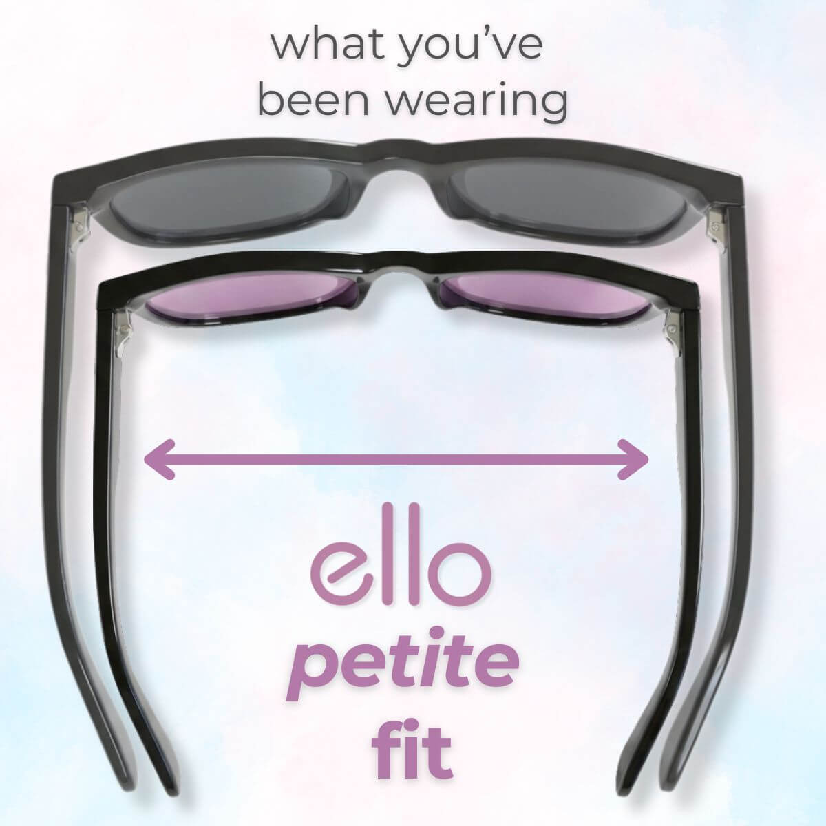 Comparison of oversized sunglasses and ello petite fit sunglasses on a soft pastel background showing proper frame width alignment for small faces and small head proportions