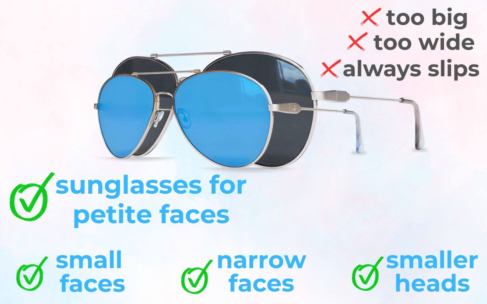 Comparison of oversized sunglasses versus ello sunglasses for petite faces, showing proper fit for small faces, narrow faces, and smaller heads without slipping.