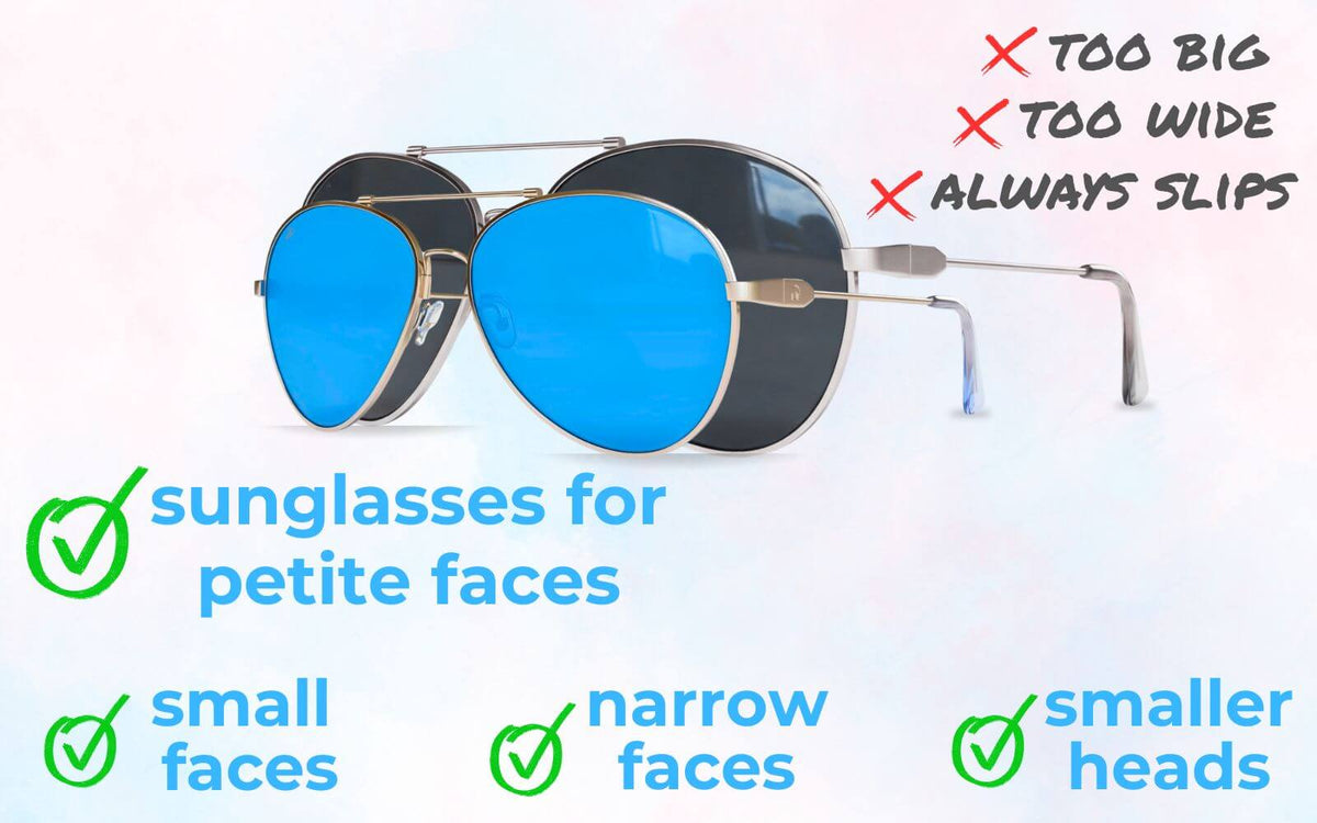 Comparison of oversized sunglasses versus ello sunglasses for petite faces, showing proper fit for small faces, narrow faces, and smaller heads without slipping.