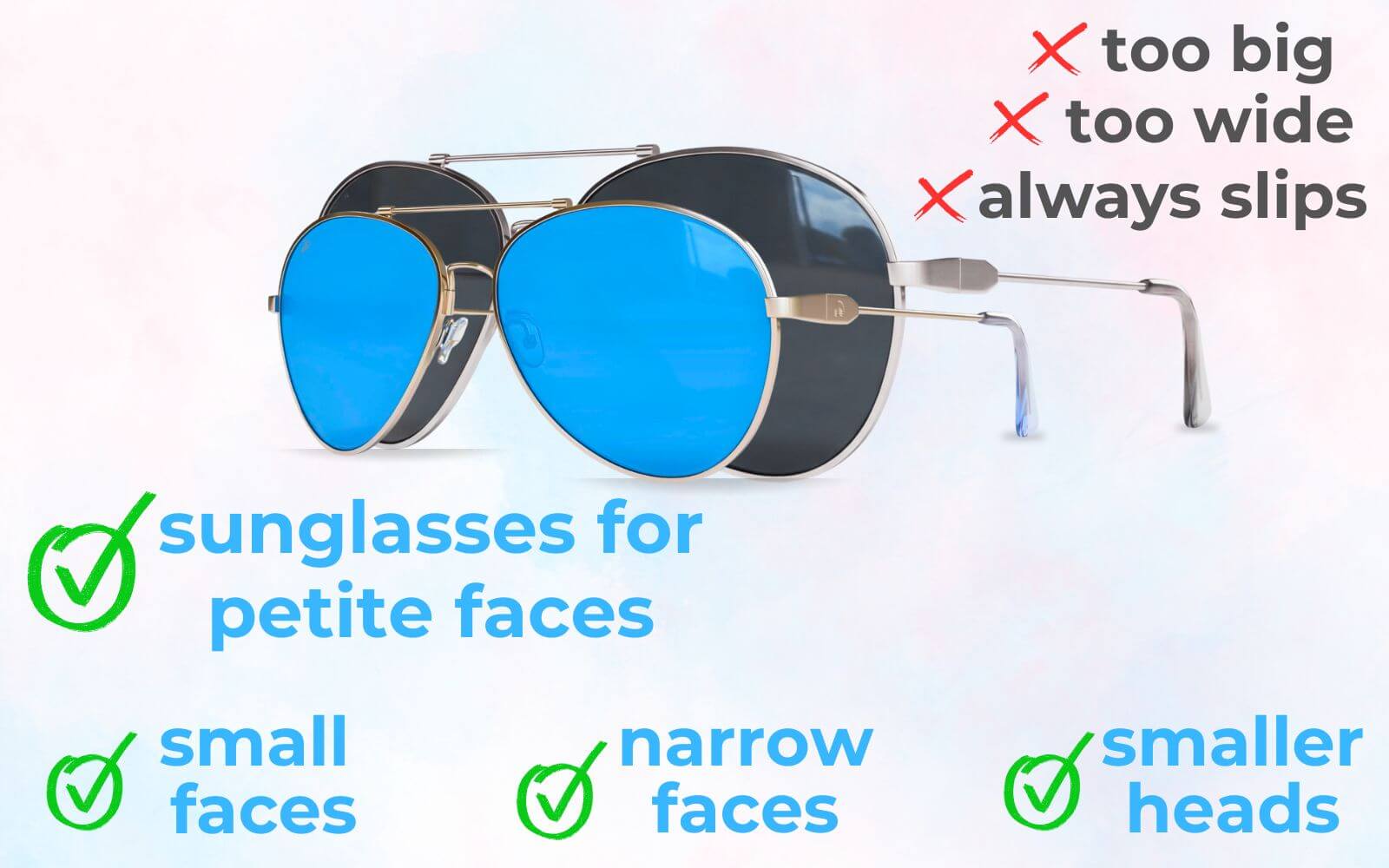 Comparison of oversized sunglasses versus ello sunglasses for petite faces, showing proper fit for small faces, narrow faces, and smaller heads without slipping.