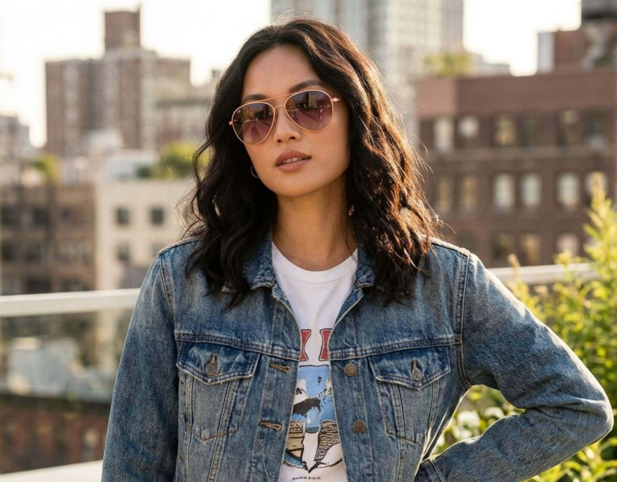 Sunglasses for petite faces worn by woman with small head on a sunny rooftop, featuring lightweight metal aviator ello sunglasses in a modern city setting