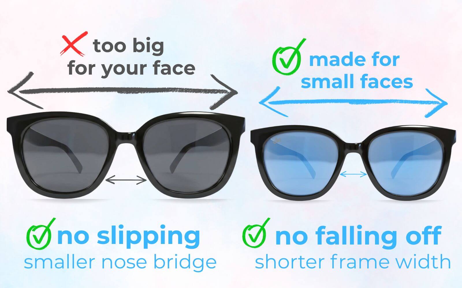 Comparison showing oversized sunglasses versus petite sunglasses for small faces, highlighting narrower nose bridge and reduced frame width for better fit on small head proportions