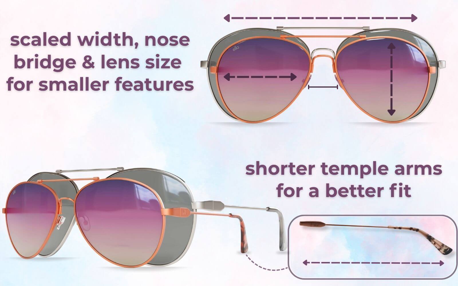 Educational diagram of sunglasses for petite faces showing scaled frame width, lens size and bridge fit with arrows, plus a zoomed view of shorter temple arms for better fit on smaller head proportions