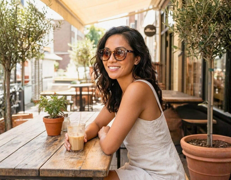 Small sunglasses for small faces in Bar Harbor tortoise frame with amber lenses worn at outdoor cafe, flattering petite features and small head by ello sunglasses
