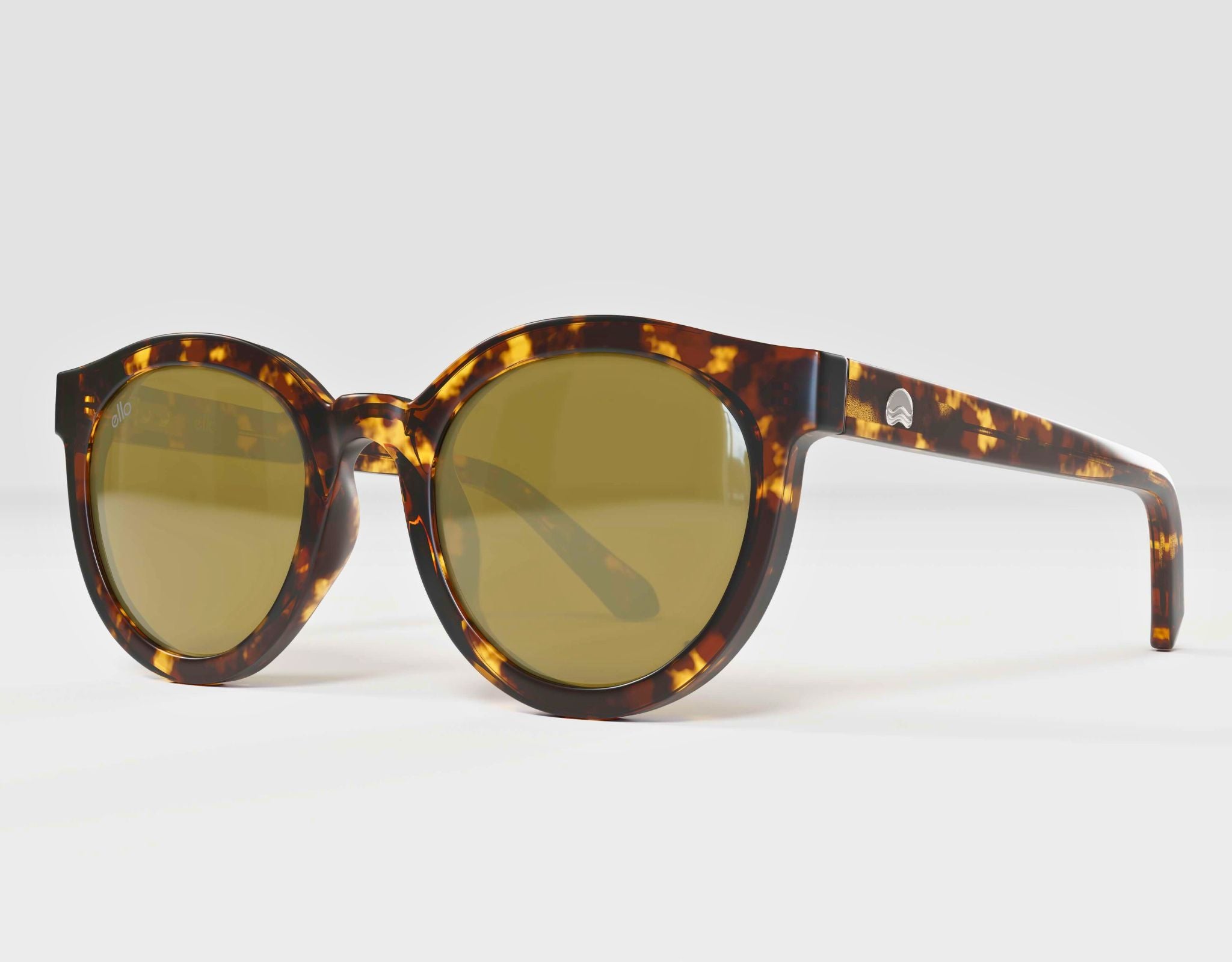 Side view of Bar Harbor small sunglasses for small faces in tortoise & gold mirror lenses.