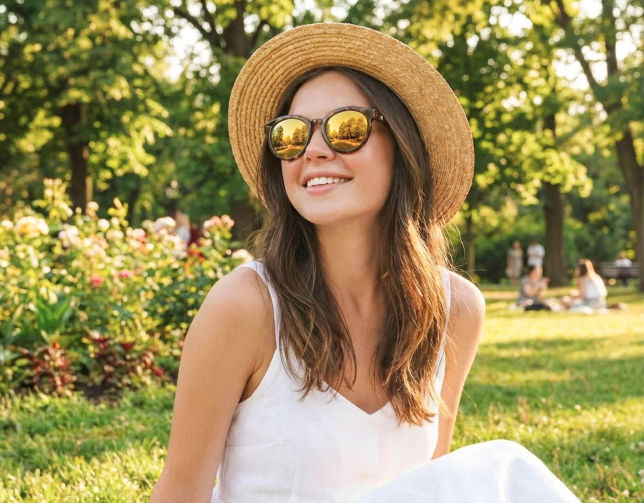 Small sunglasses for small faces worn by woman in Bar Harbor tortoise frame with gold lenses in sunny park, designed for petite features and small head by ello sunglasses