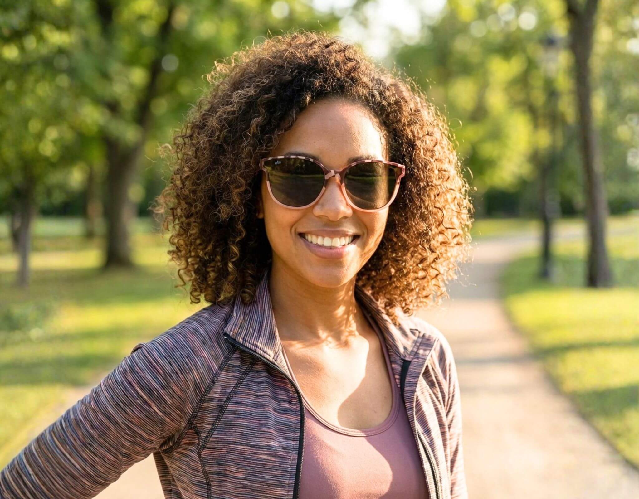 Petite woman with a small head wearing tortoise gold South Beach shades for little faces smiling during a walk or run in a sunny park setting