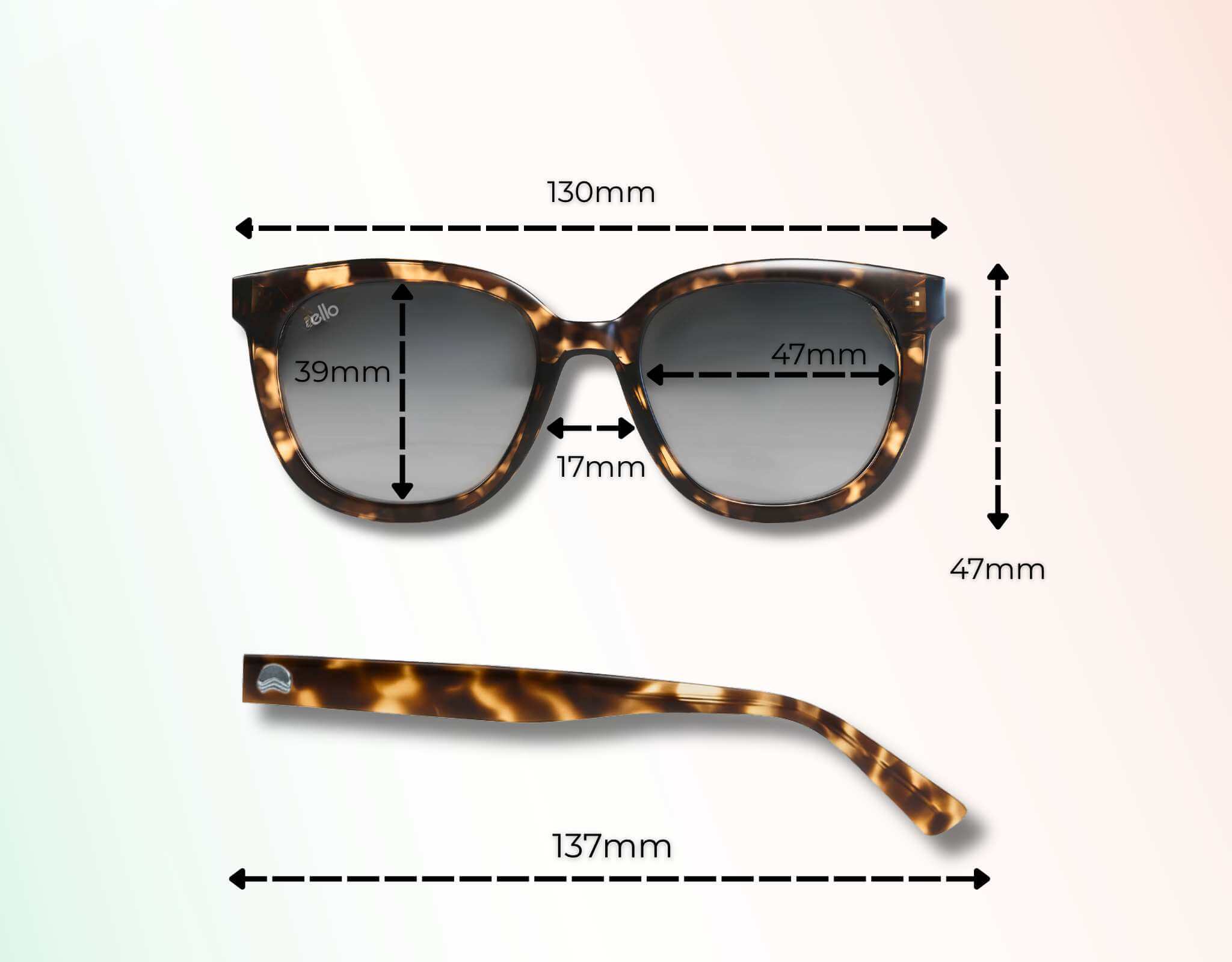 Pebble Beach sunglasses for little faces size guide showing frame width, lens width, lens height, bridge width, and temple length.