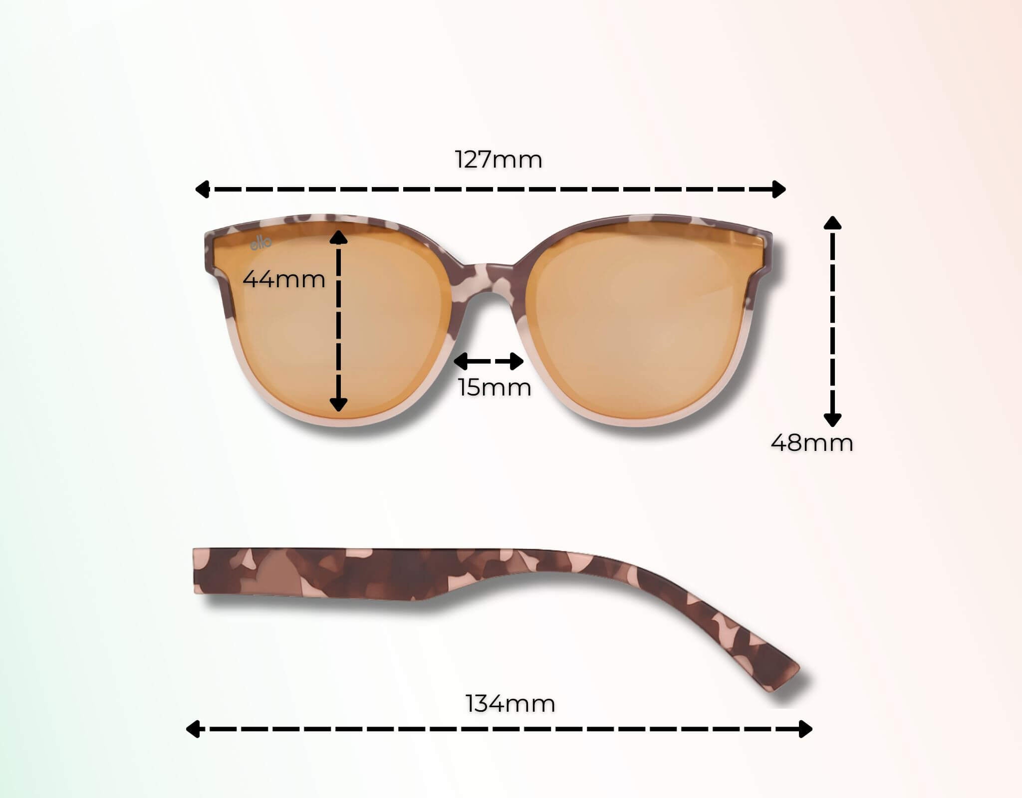 Tortoise and peach South Beach shades for small faces with size dimensions shown in millimeters.
