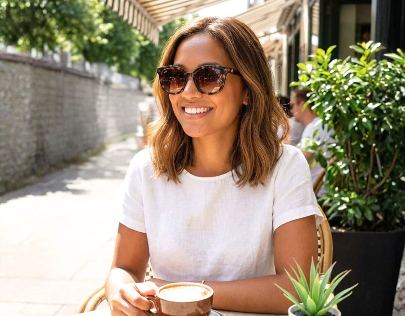 Petite woman with a small head wearing tortoise Pebble Beach sunglasses for little faces enjoying coffee at a sunlit outdoor café with a relaxed lifestyle setting