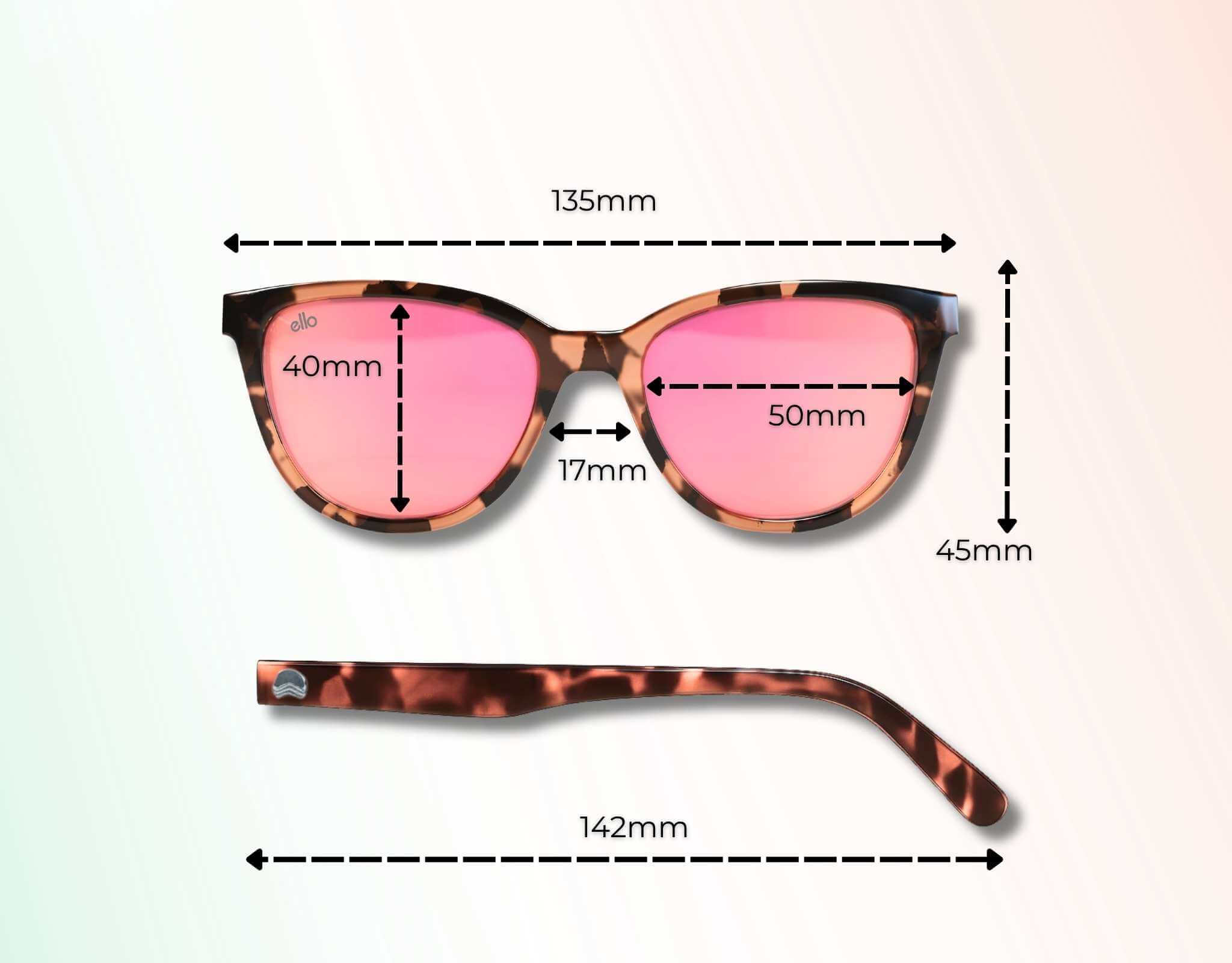 Half Moon Bay cat eye sunglasses for smaller face size guide showing frame width, lens width, lens height, bridge width, and temple length.