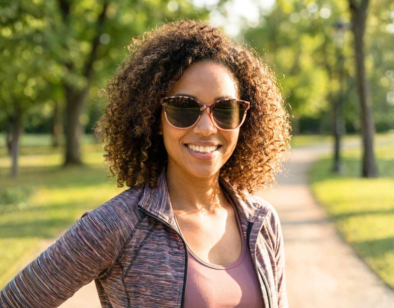 Tortoise South Beach shades for little faces on a petite woman with a small head smiling in a sunny park during an active outdoor moment