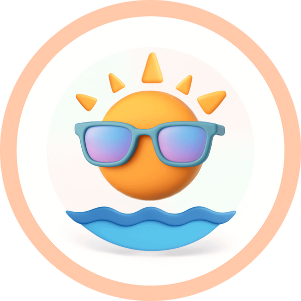 3D sun icon wearing sunglasses above ocean waves, representing UV400 protection for petite faces.
